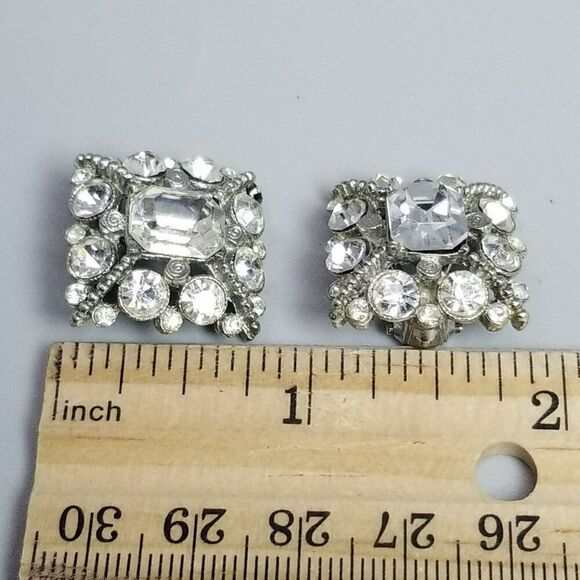 Vintage Rhinestone Cluster Clip On Earrings, Silver Tone Square Shape, Retro - Picture 6 of 8